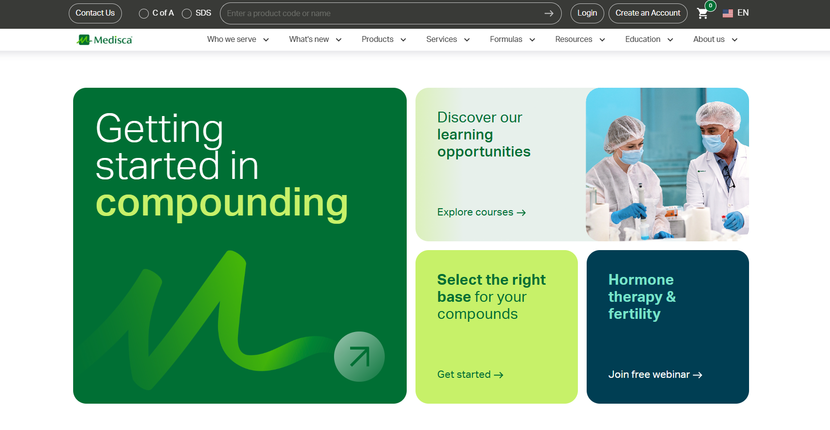 Medisca website homepage showing the Getting started in compounding hero and learning, base-selection and hormone therapy content cards.
