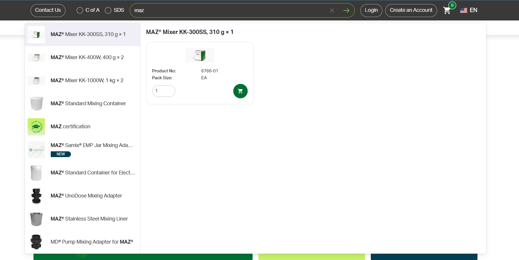 Medisca on-site search results panel for the query 'maz' showing product suggestions, imagery, product codes and a detail preview for MAZ Mixer KK-300SS.