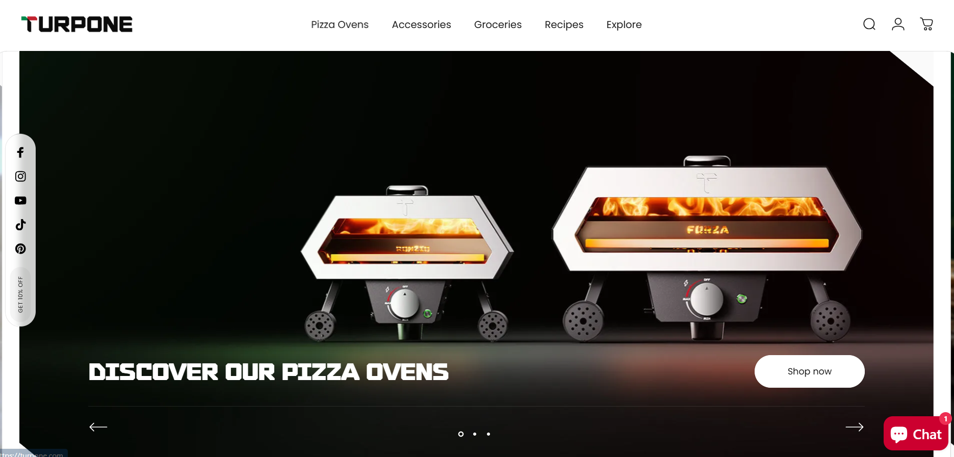 Turpone Shopify storefront homepage featuring a Discover our pizza ovens hero, primary navigation and social links.